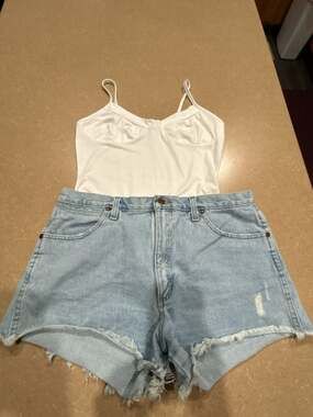Wrangler Women's 13MWZ High-Rise Denim Cut-Off Shorts with bodysuit